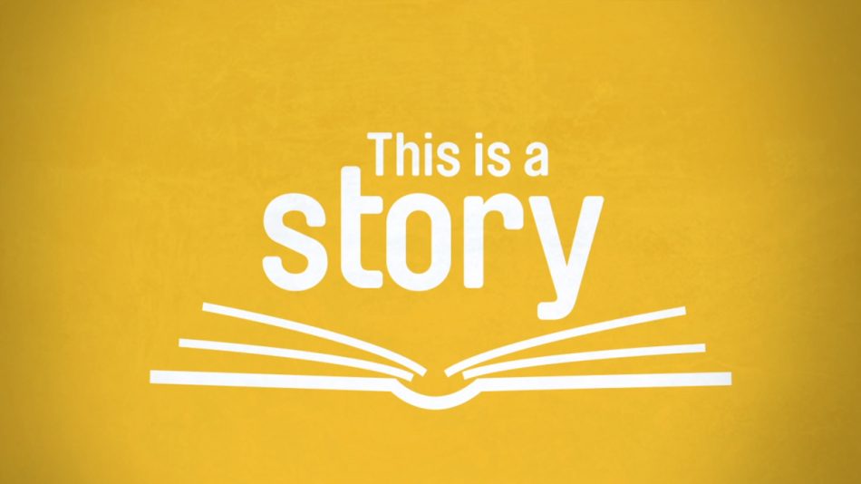 A frame from a motion graphics piece of animation. The image shows an open book with the text 'this is a story'