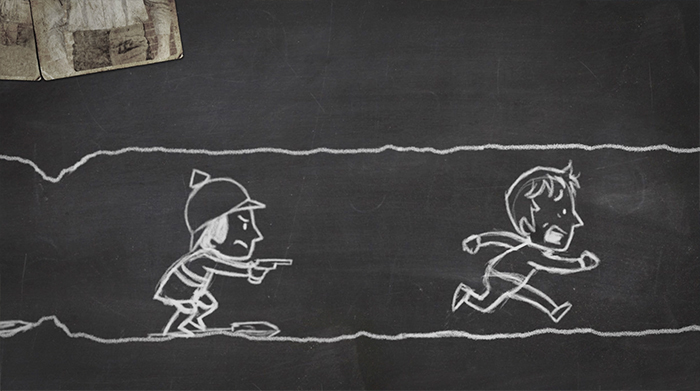 World War One Trenches Blackboard Animation German soldier chases British soldier in trench